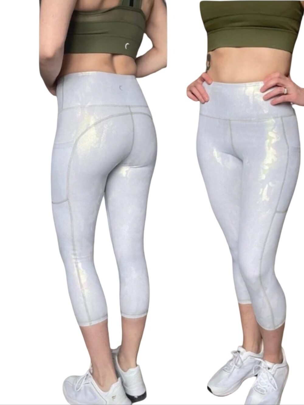 ZYIA Iridescent Silver-White High-Waist Active Capri Leggings